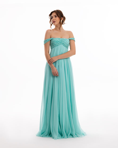 Ocean Bloom Off-Shoulder Evening Gown