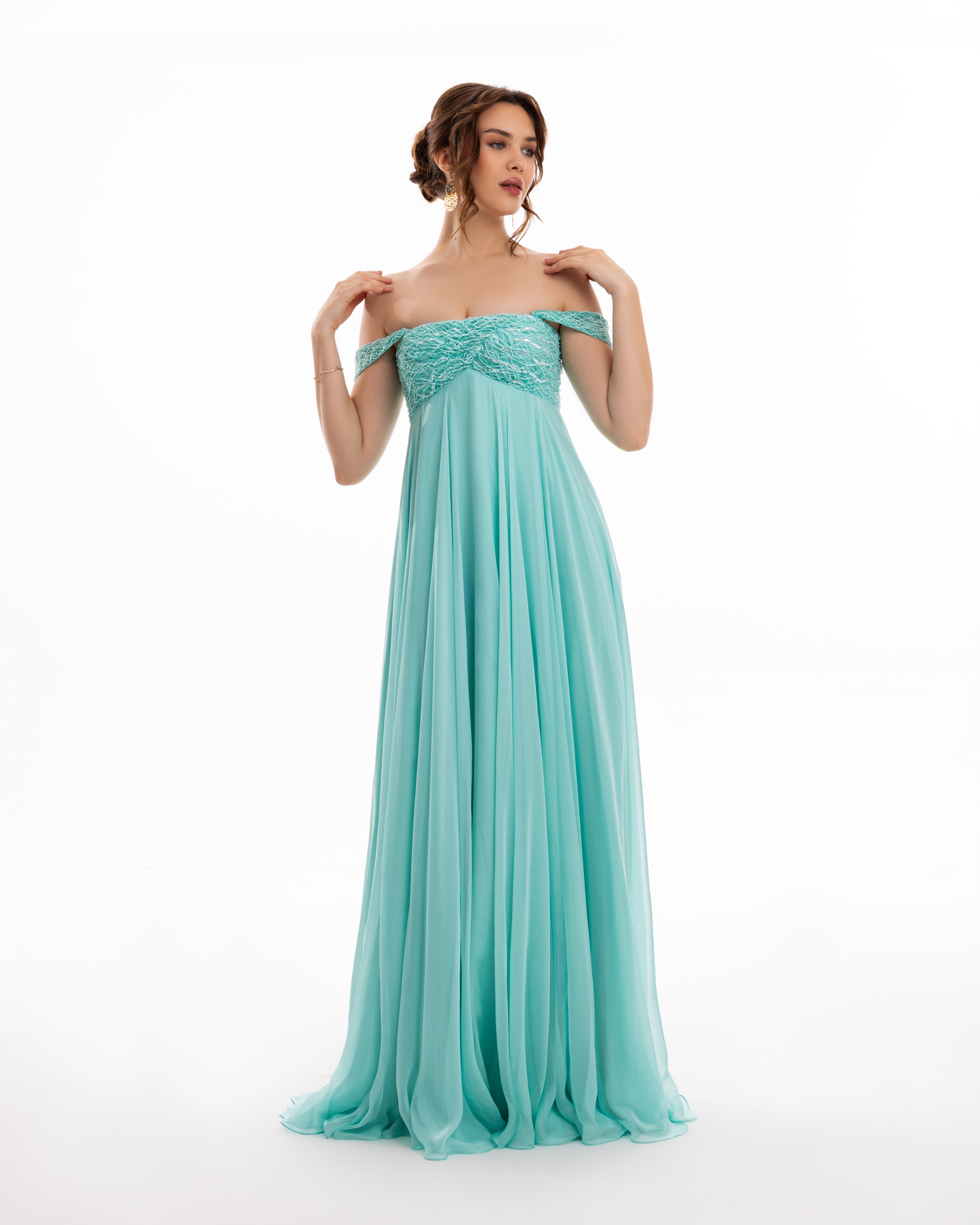 Ocean Bloom Off-Shoulder Evening Gown