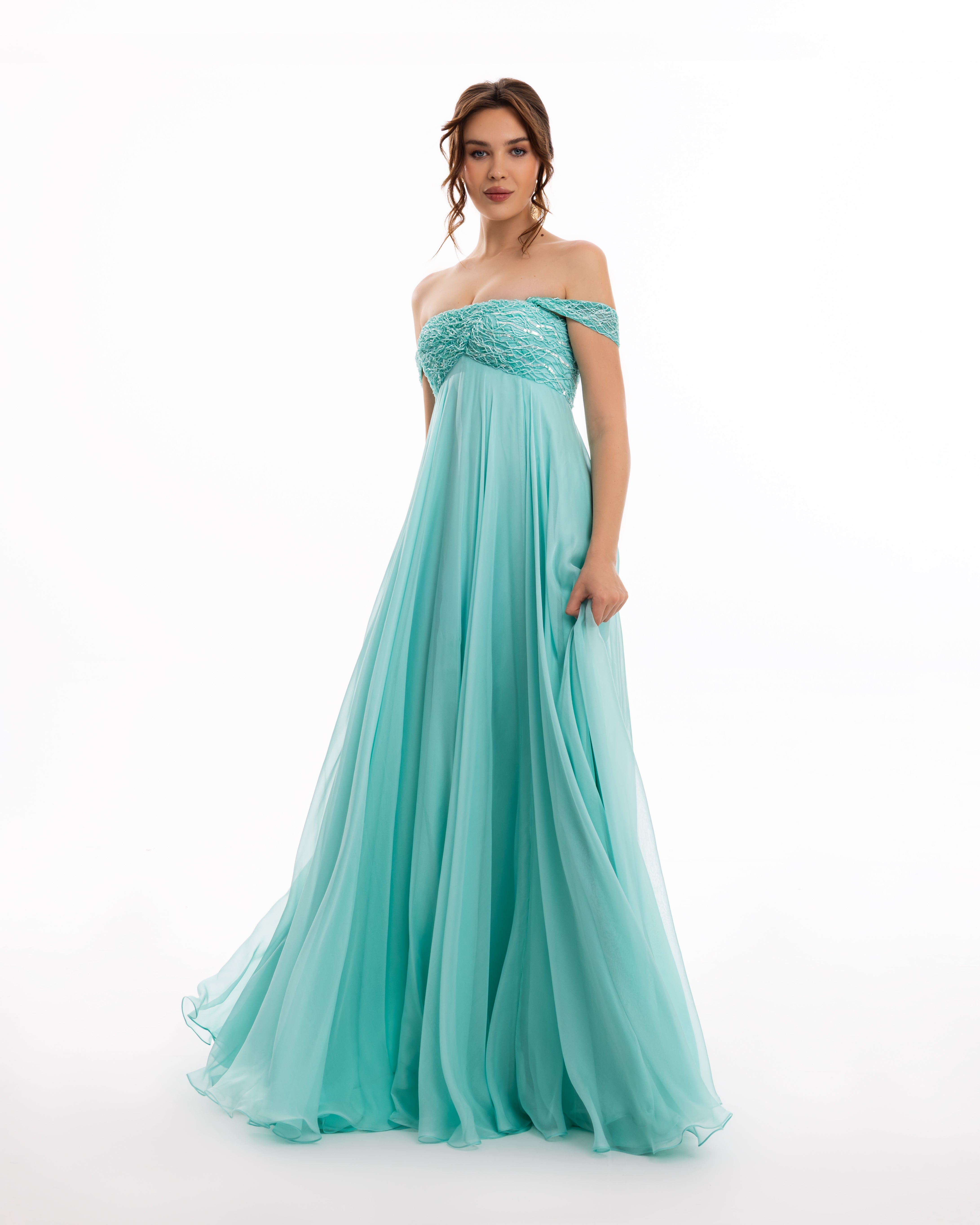 Ocean Bloom Off-Shoulder Evening Gown