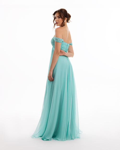 Ocean Bloom Off-Shoulder Evening Gown