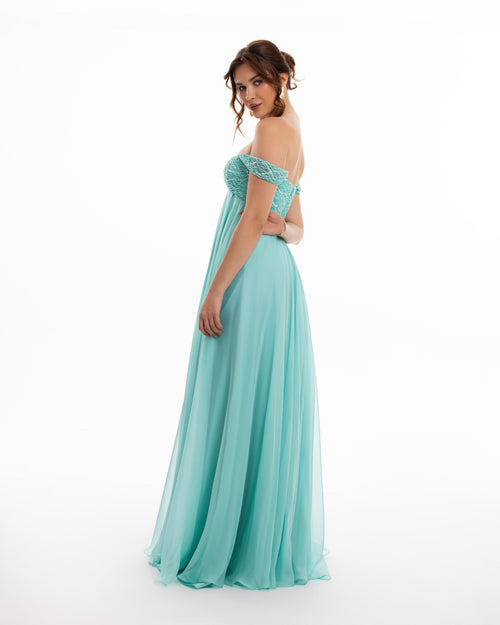 Ocean Bloom Off-Shoulder Evening Gown