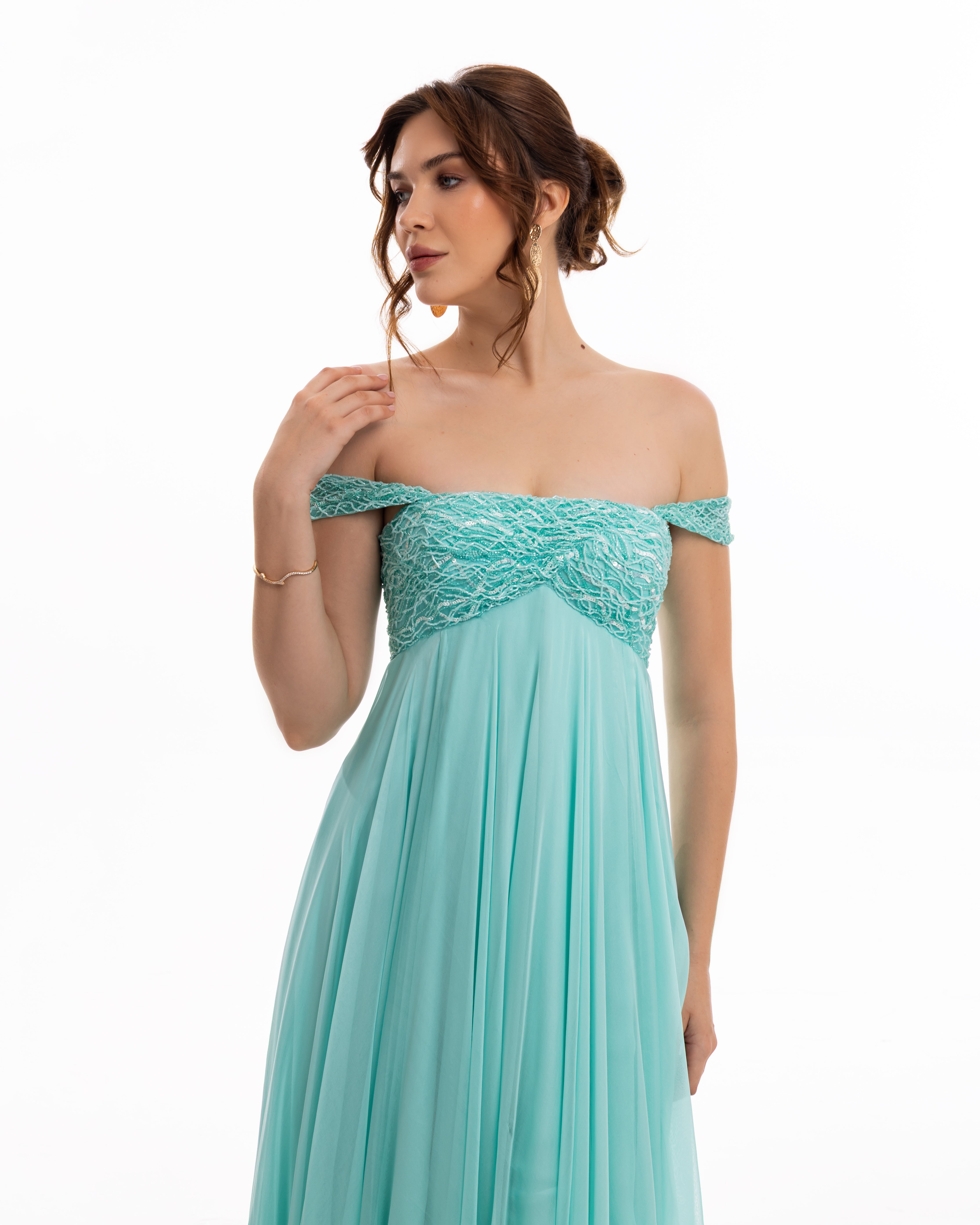 Ocean Bloom Off-Shoulder Evening Gown