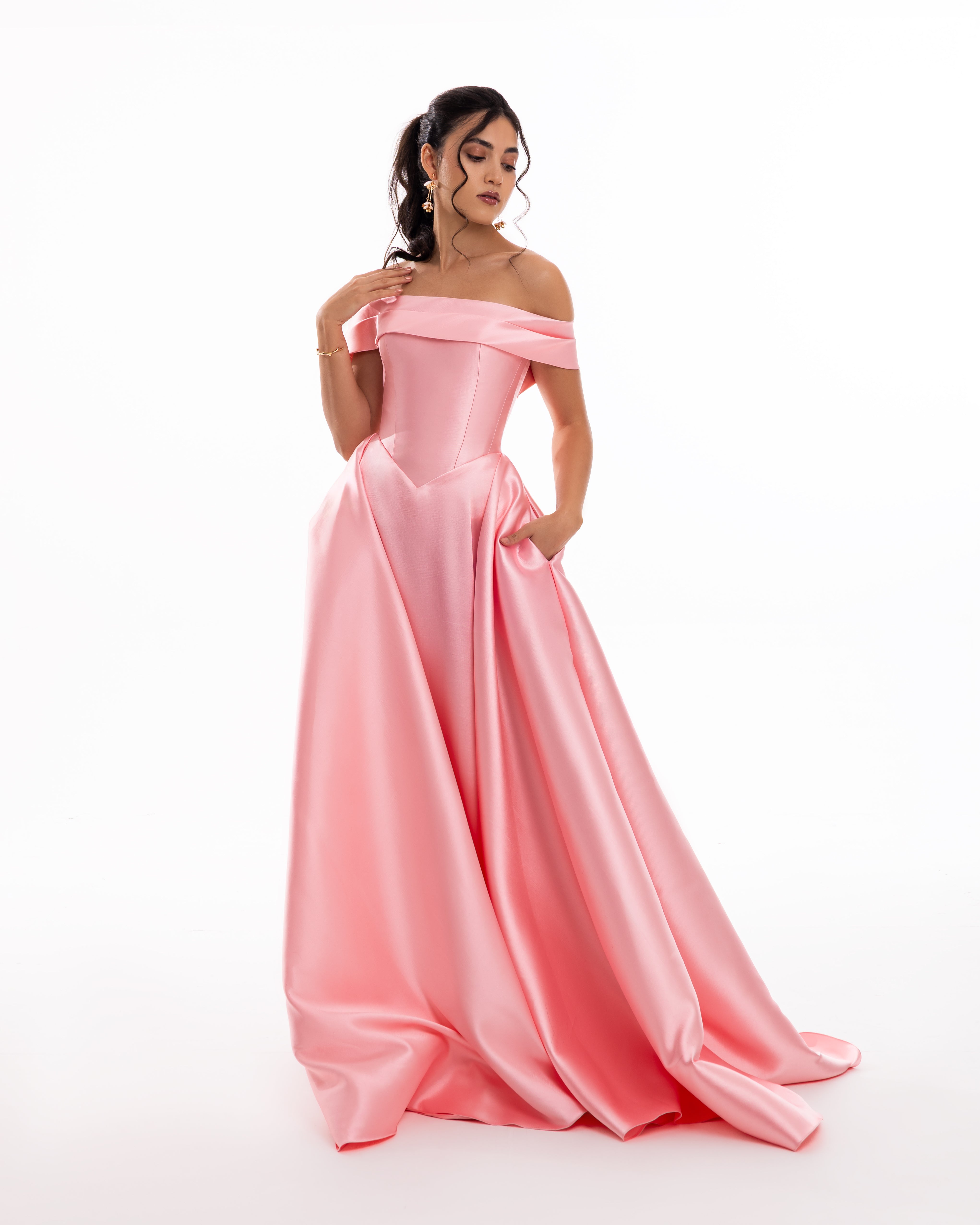 Rose Bloom Off-Shoulder Evening Gown