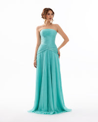 Turquoise Strapless Pleated Evening Gown