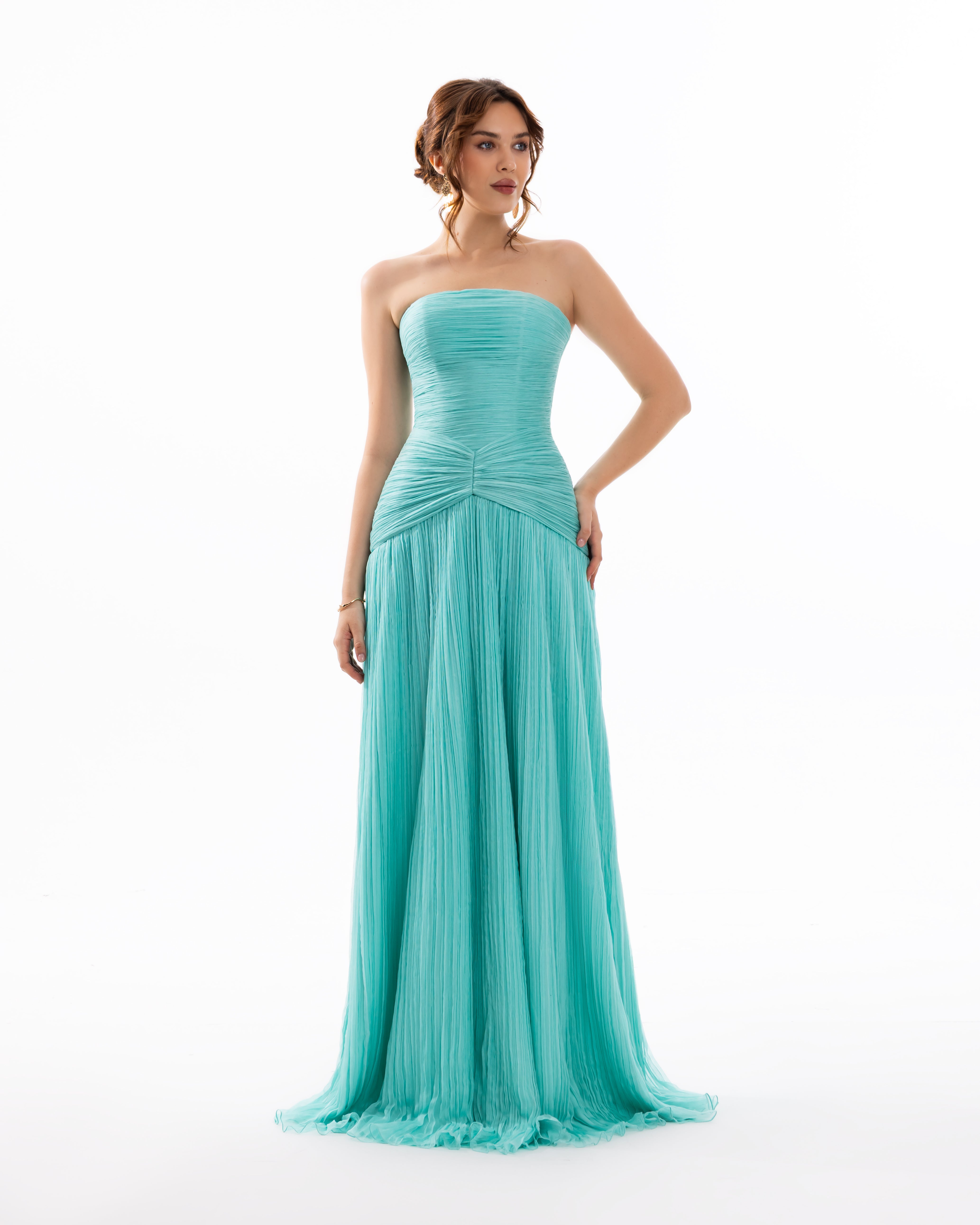 Turquoise Strapless Pleated Evening Gown
