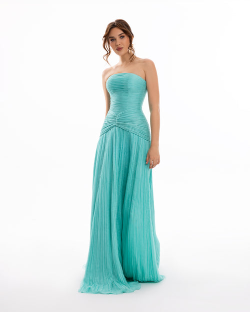 Turquoise Strapless Pleated Evening Gown