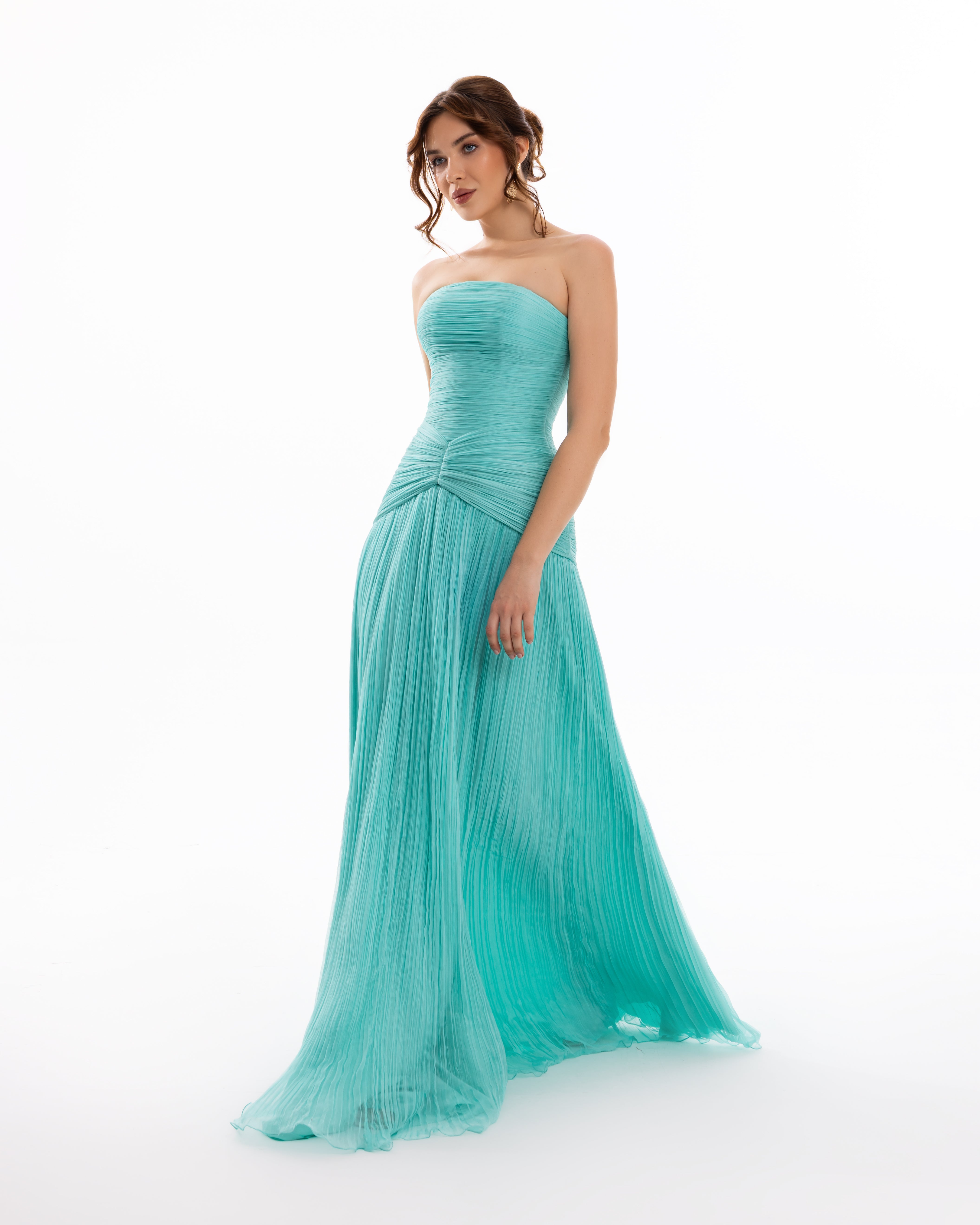 Turquoise Strapless Pleated Evening Gown