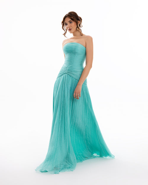 Turquoise Strapless Pleated Evening Gown