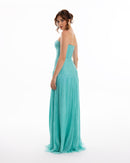 Turquoise Strapless Pleated Evening Gown