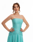 Turquoise Strapless Pleated Evening Gown