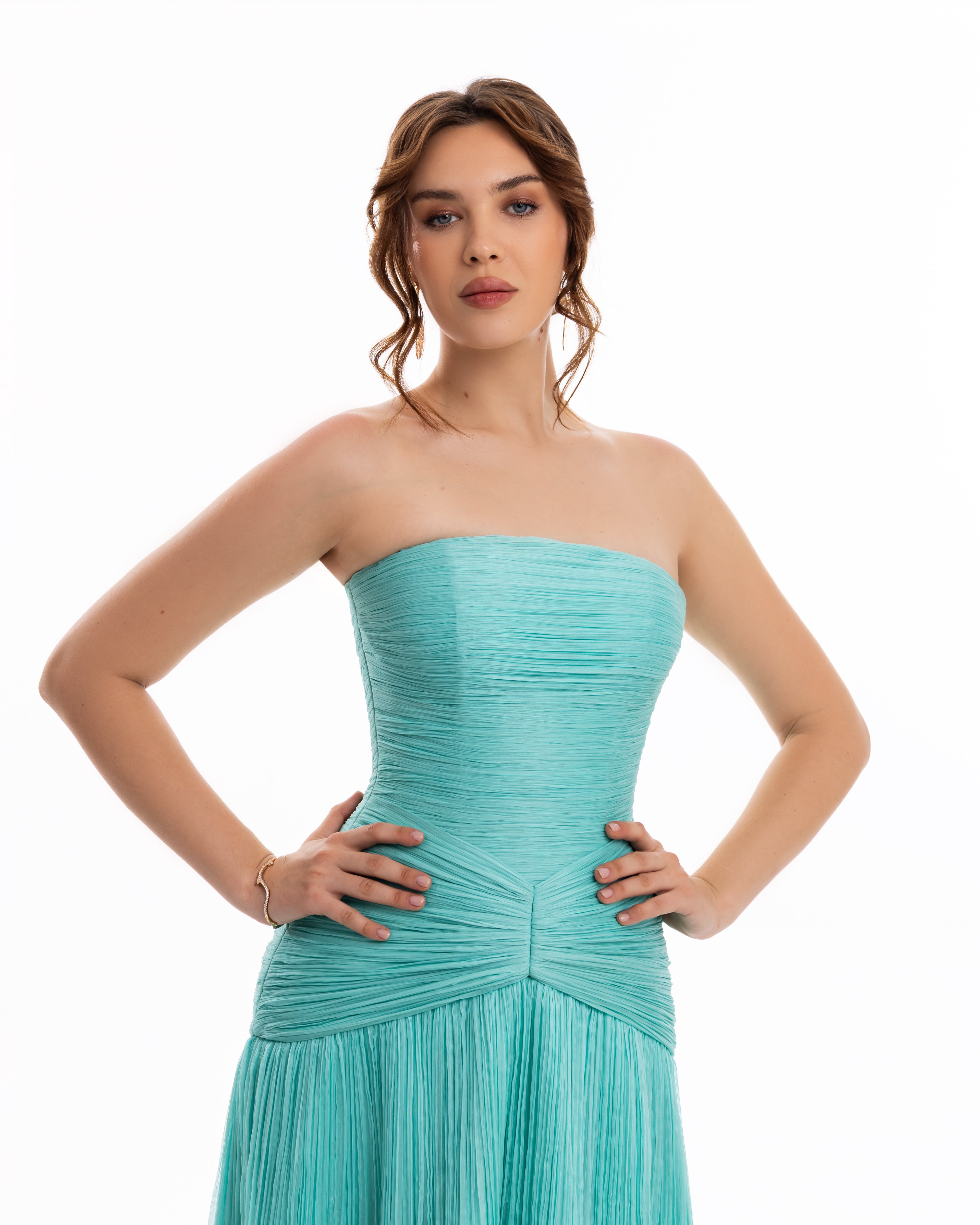 Turquoise Strapless Pleated Evening Gown