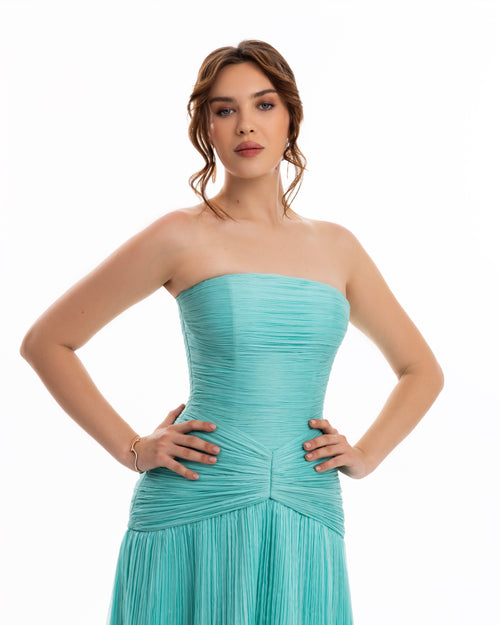 Turquoise Strapless Pleated Evening Gown