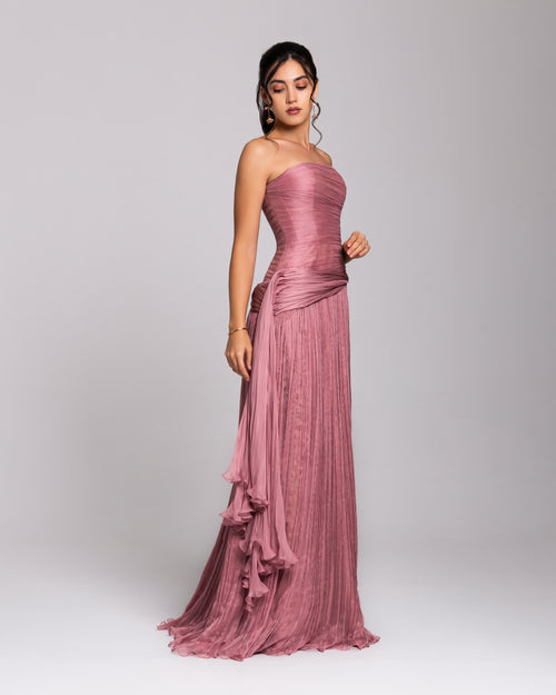 Dusty Rose Strapless Pleated Evening Gown