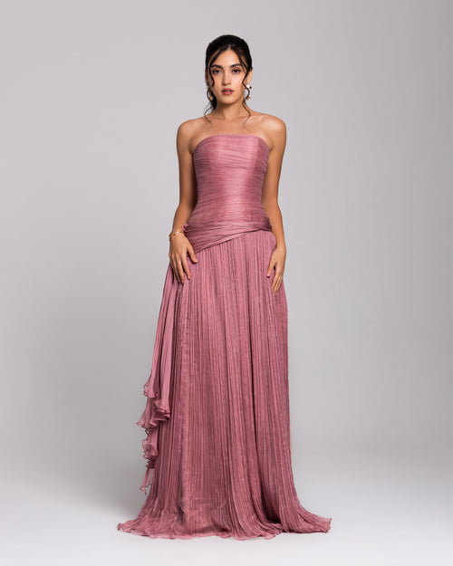 Dusty Rose Strapless Pleated Evening Gown