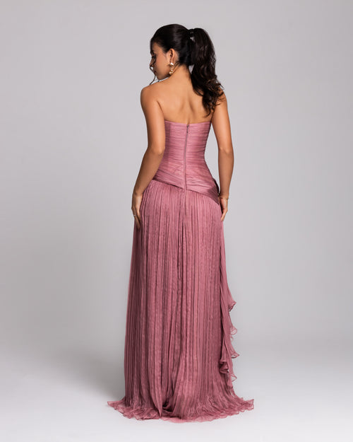 Dusty Rose Strapless Pleated Evening Gown