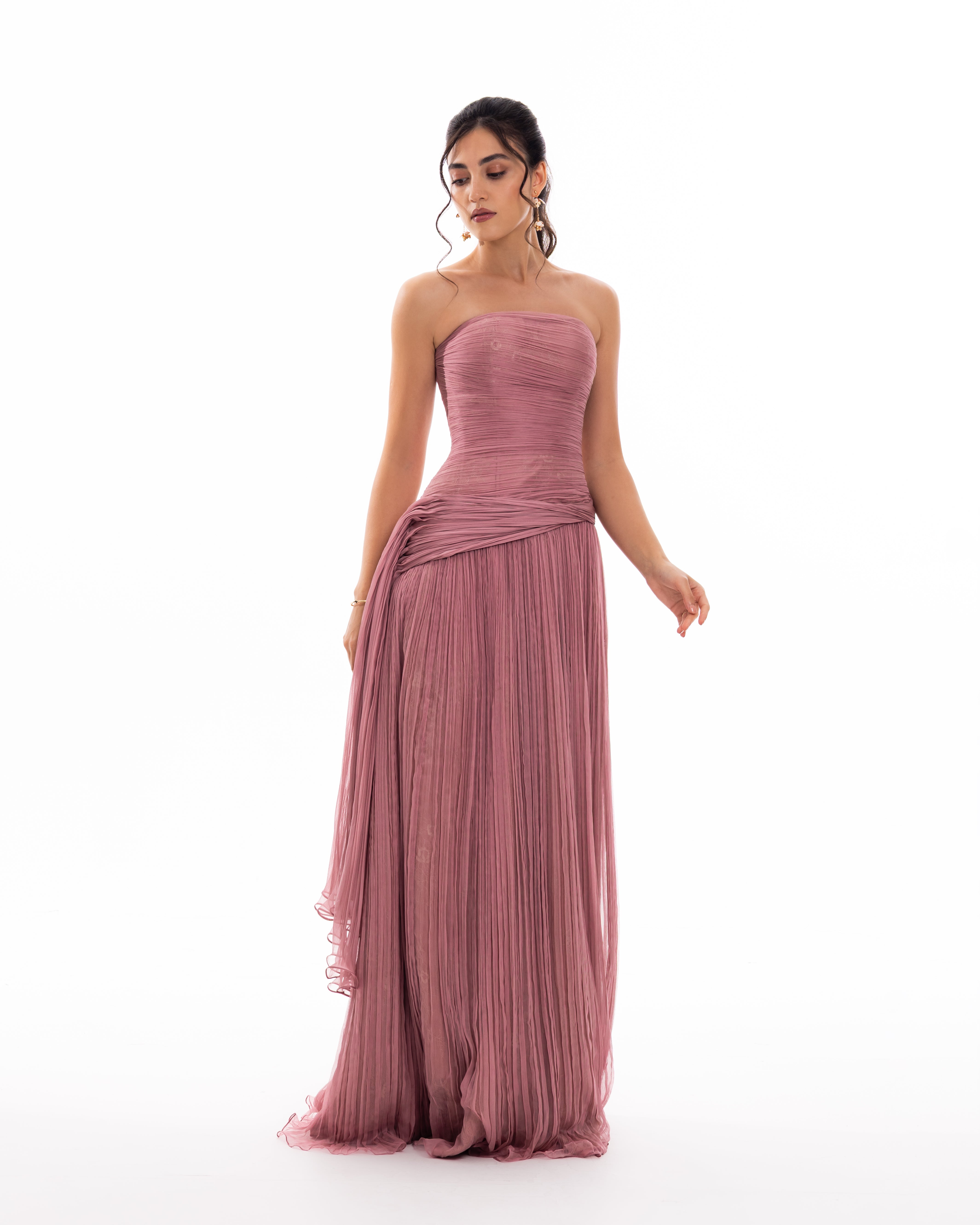Dusty Rose Strapless Pleated Evening Gown
