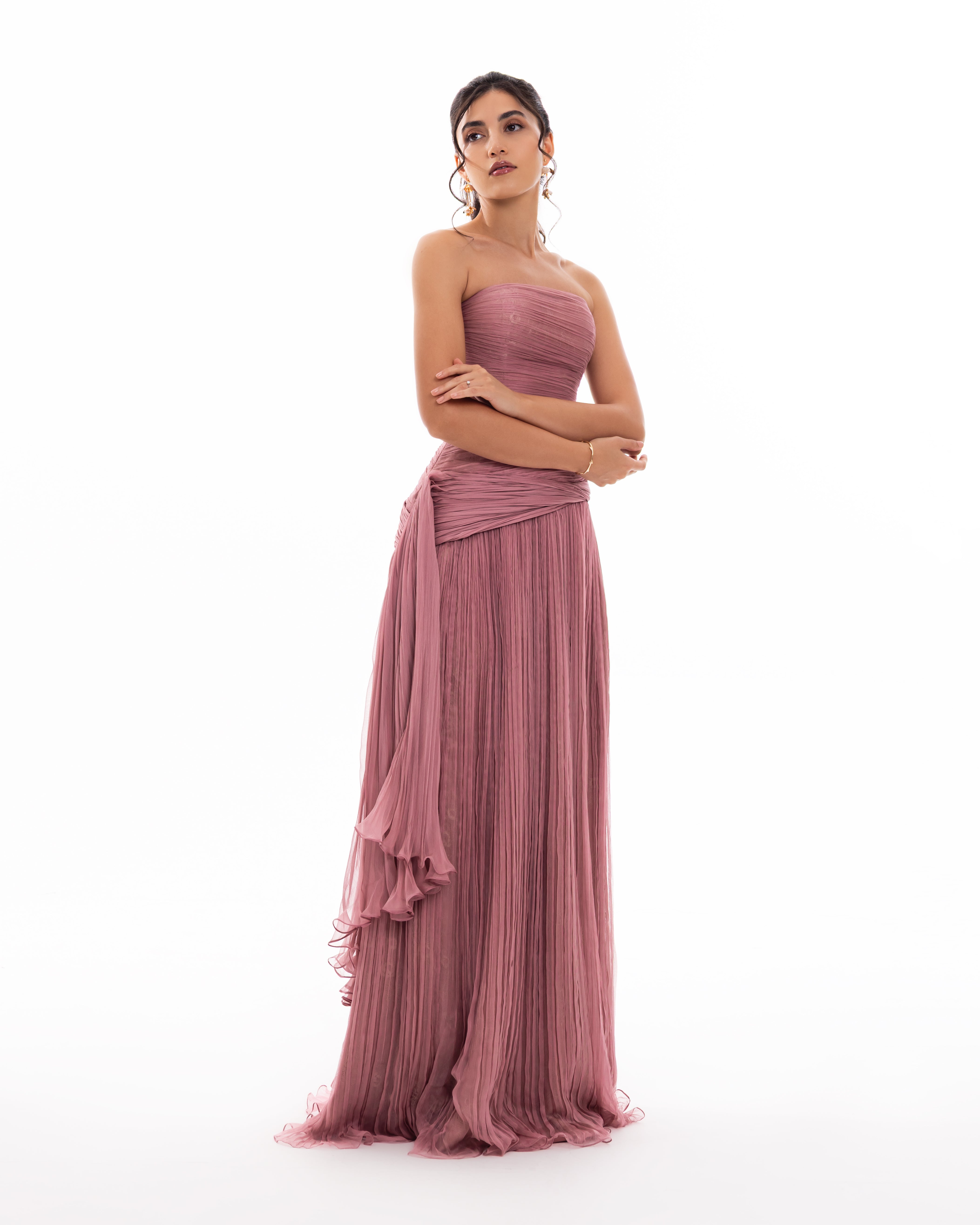 Dusty Rose Strapless Pleated Evening Gown