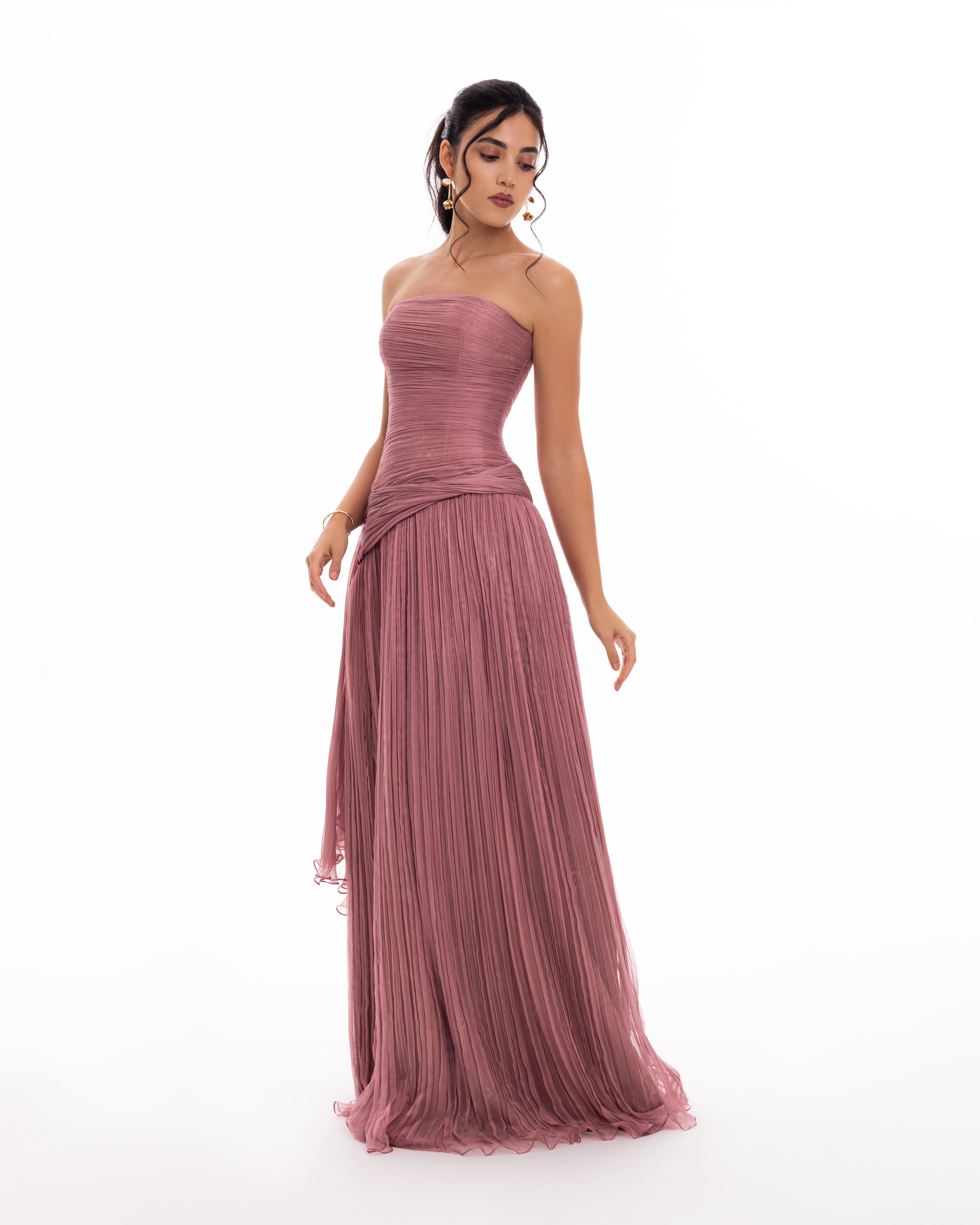 Dusty Rose Strapless Pleated Evening Gown