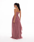 Dusty Rose Strapless Pleated Evening Gown