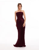 Deep Burgundy Strapless Draped Evening Gown