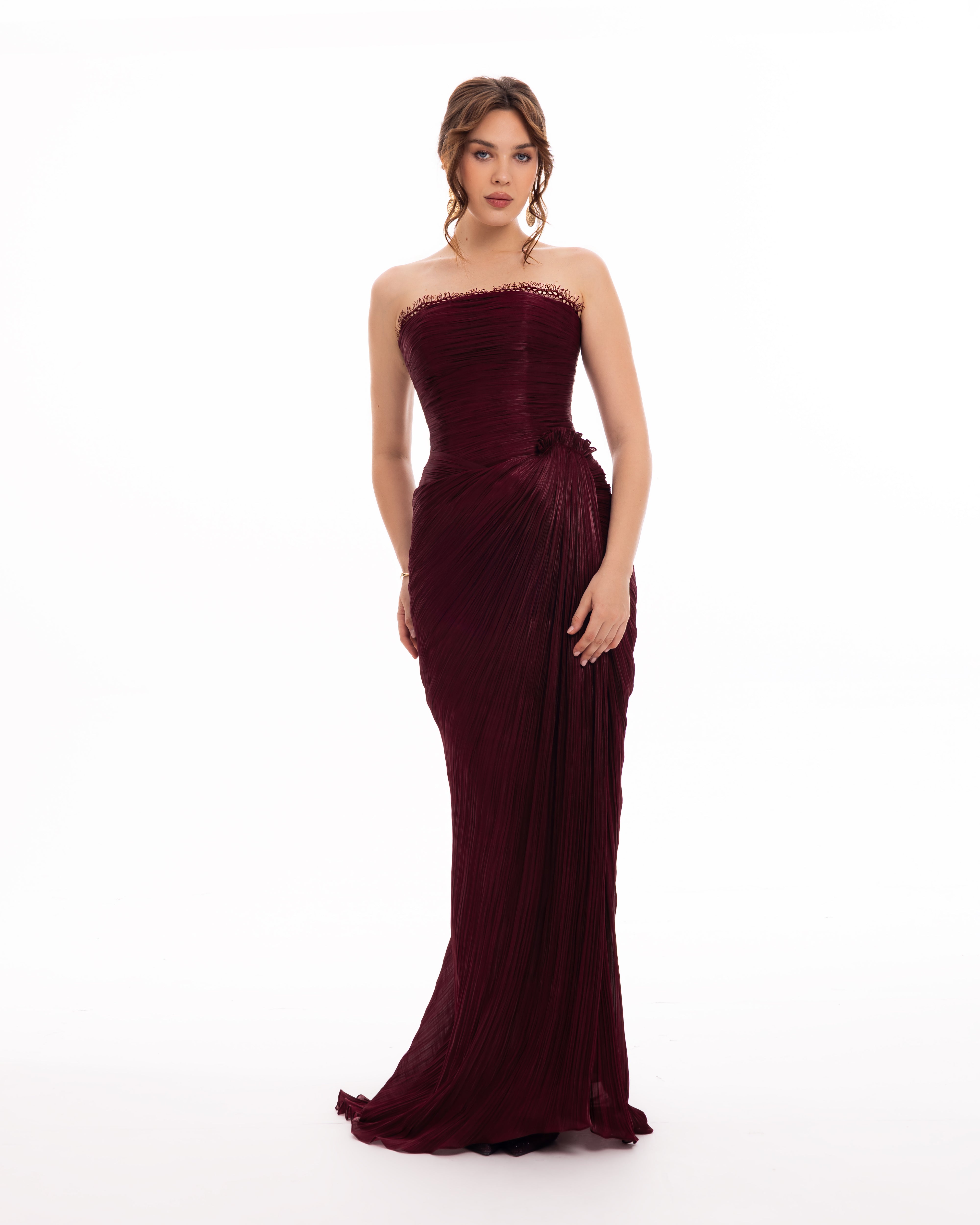 Deep Burgundy Strapless Draped Evening Gown