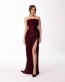 Deep Burgundy Strapless Draped Evening Gown