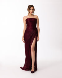 Deep Burgundy Strapless Draped Evening Gown