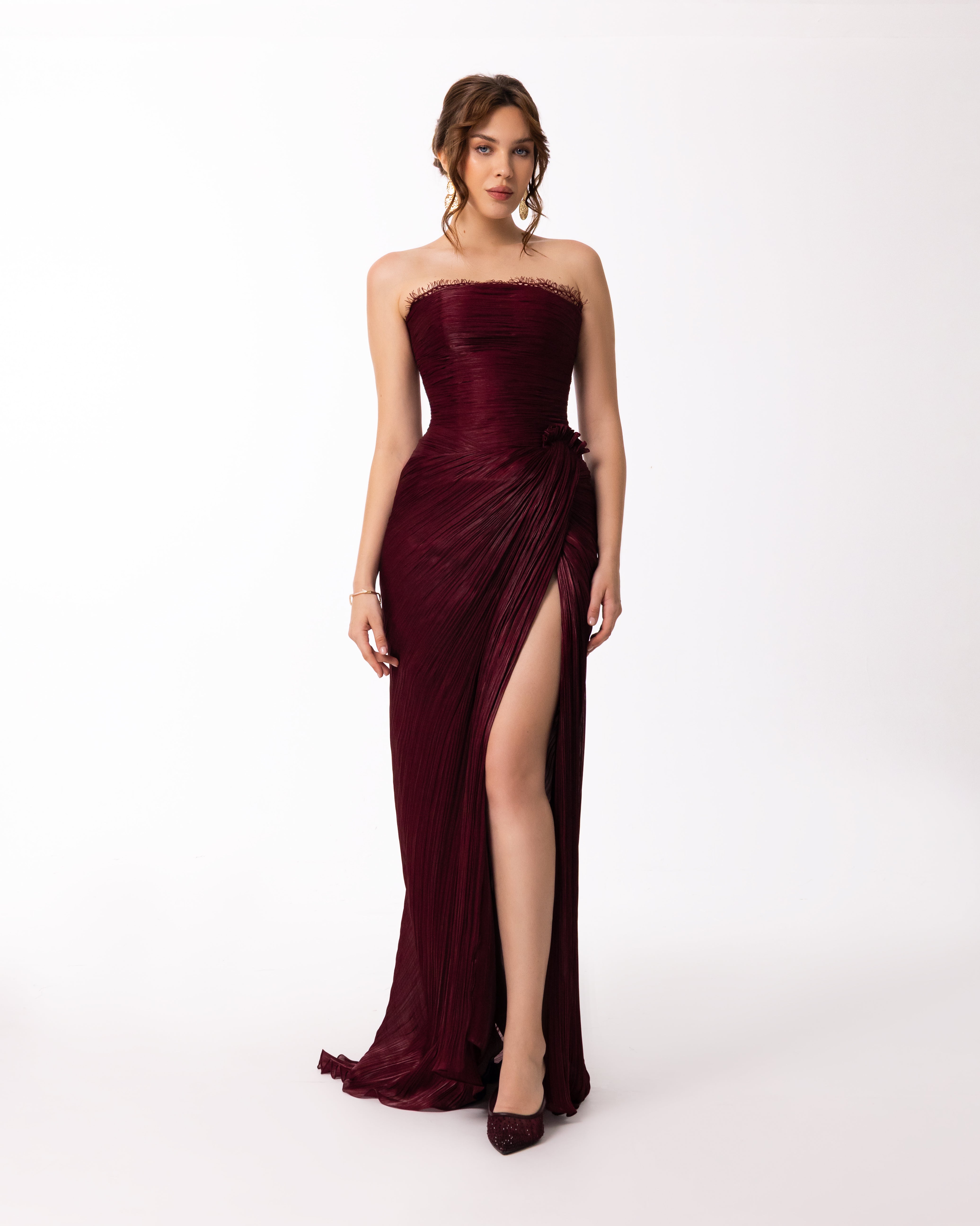 Deep Burgundy Strapless Draped Evening Gown