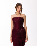 Deep Burgundy Strapless Draped Evening Gown