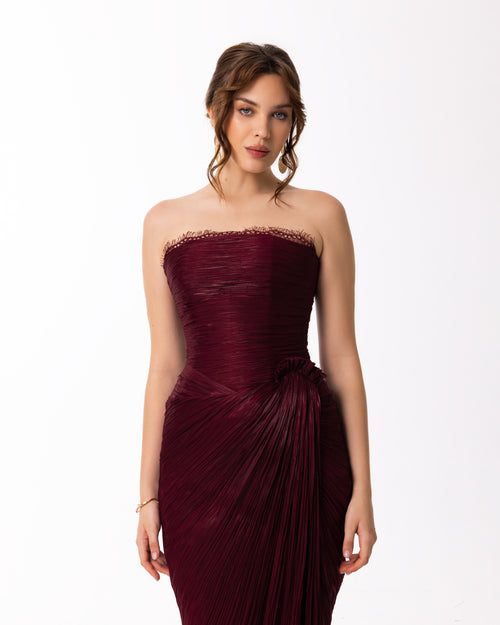 Deep Burgundy Strapless Draped Evening Gown