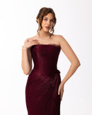 Deep Burgundy Strapless Draped Evening Gown