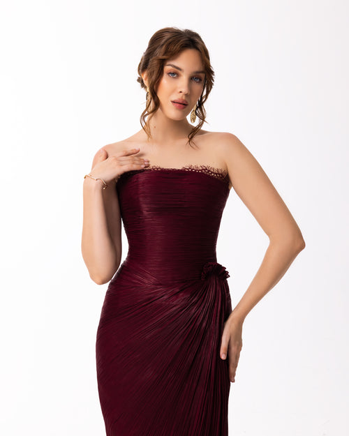 Deep Burgundy Strapless Draped Evening Gown