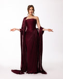 Burgundy Strapless Pleated Gown with Sheer Cape