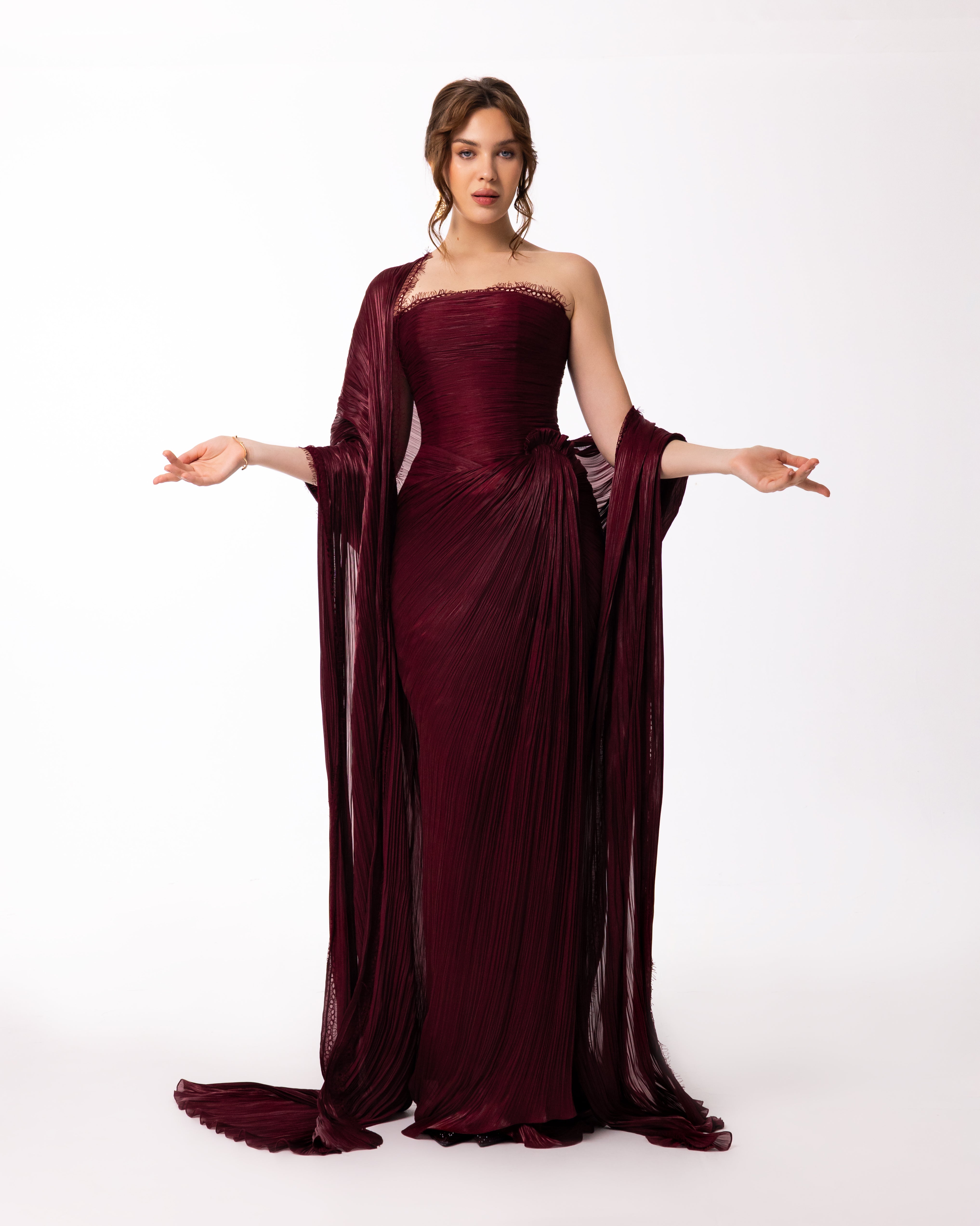 Burgundy Strapless Pleated Gown with Sheer Cape