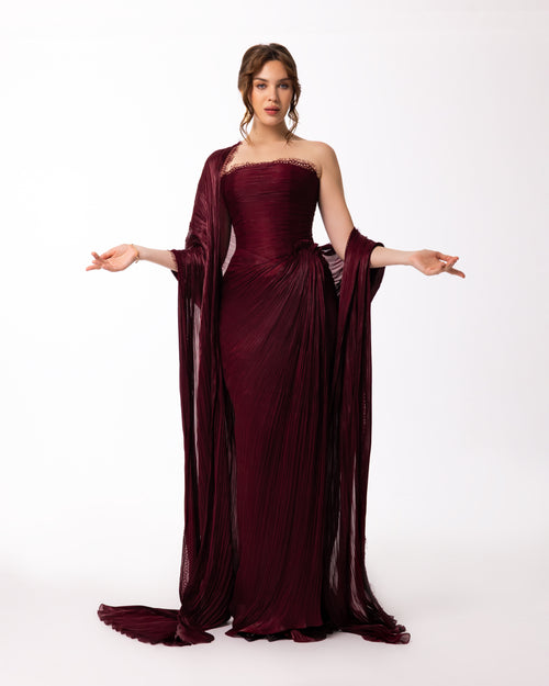 Burgundy Strapless Pleated Gown with Sheer Cape