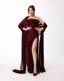 Burgundy Strapless Pleated Gown with Sheer Cape