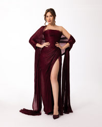 Burgundy Strapless Pleated Gown with Sheer Cape