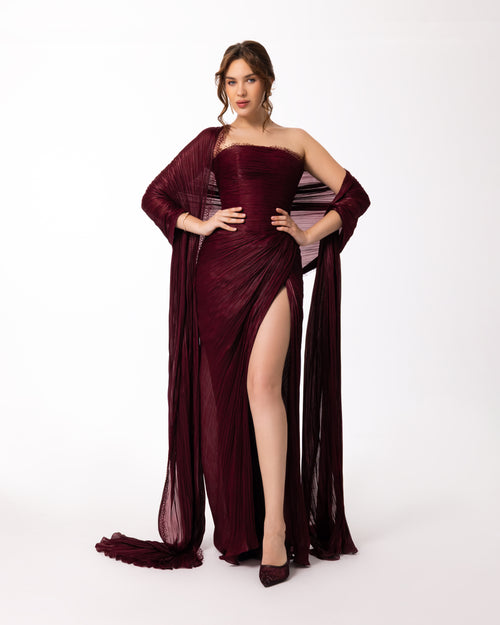 Burgundy Strapless Pleated Gown with Sheer Cape