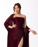 Burgundy Strapless Pleated Gown with Sheer Cape