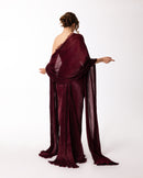Burgundy Strapless Pleated Gown with Sheer Cape