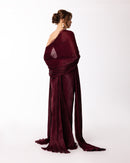 Burgundy Strapless Pleated Gown with Sheer Cape