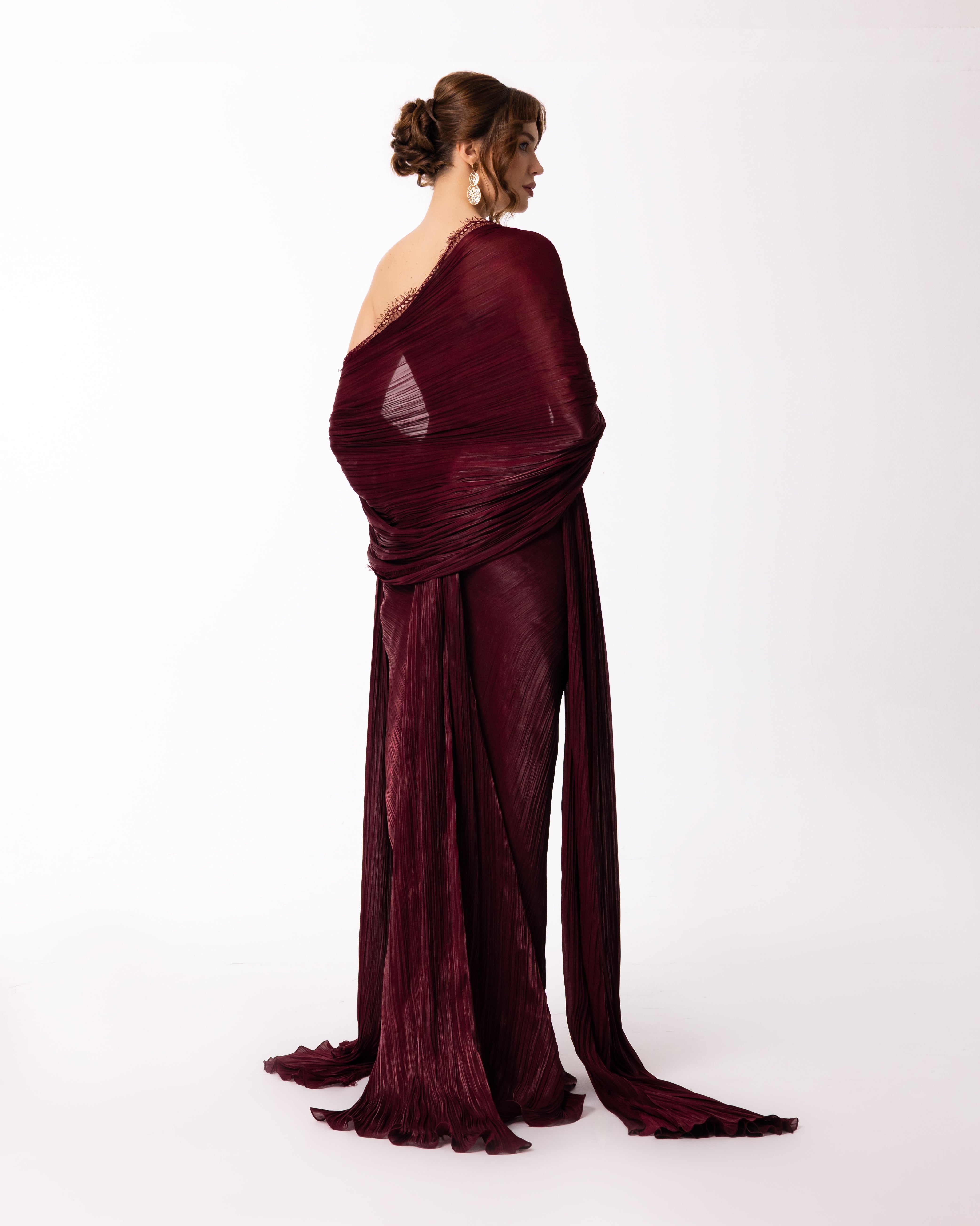 Burgundy Strapless Pleated Gown with Sheer Cape