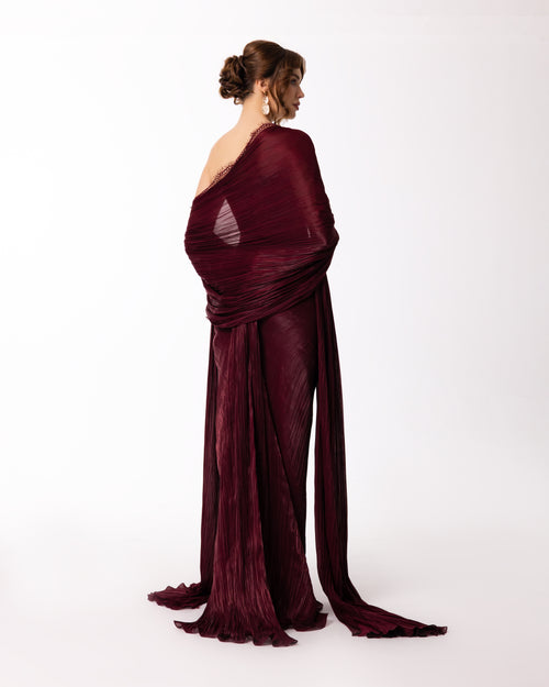 Burgundy Strapless Pleated Gown with Sheer Cape