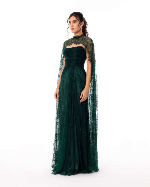 Emerald Green Lace Cape Evening Gown