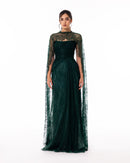 Emerald Green Lace Cape Evening Gown