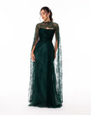 Emerald Green Lace Cape Evening Gown
