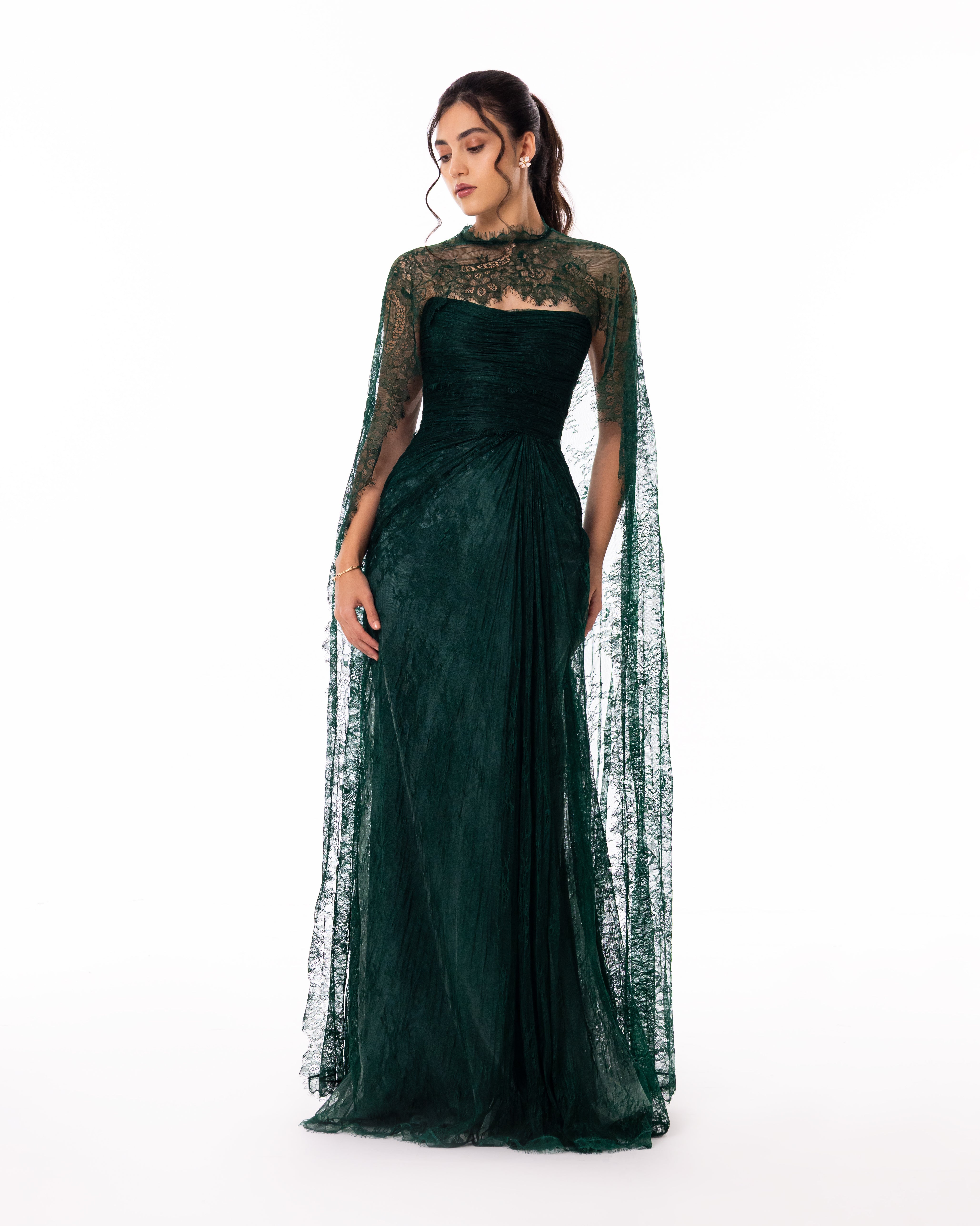 Emerald Green Lace Cape Evening Gown