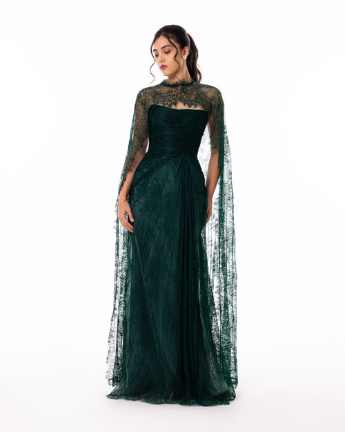 Emerald Green Lace Cape Evening Gown