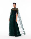 Emerald Green Lace Cape Evening Gown