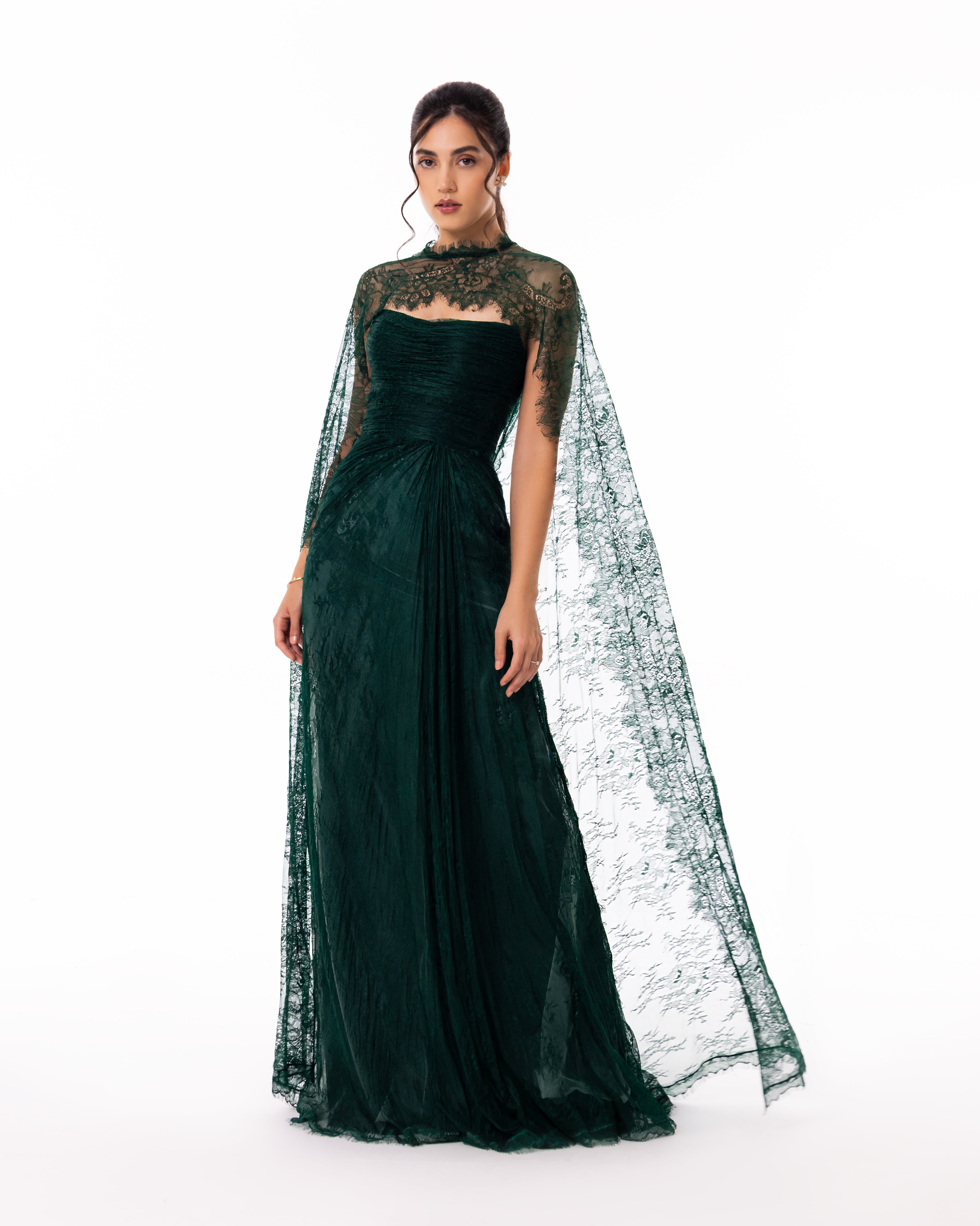 Emerald Green Lace Cape Evening Gown